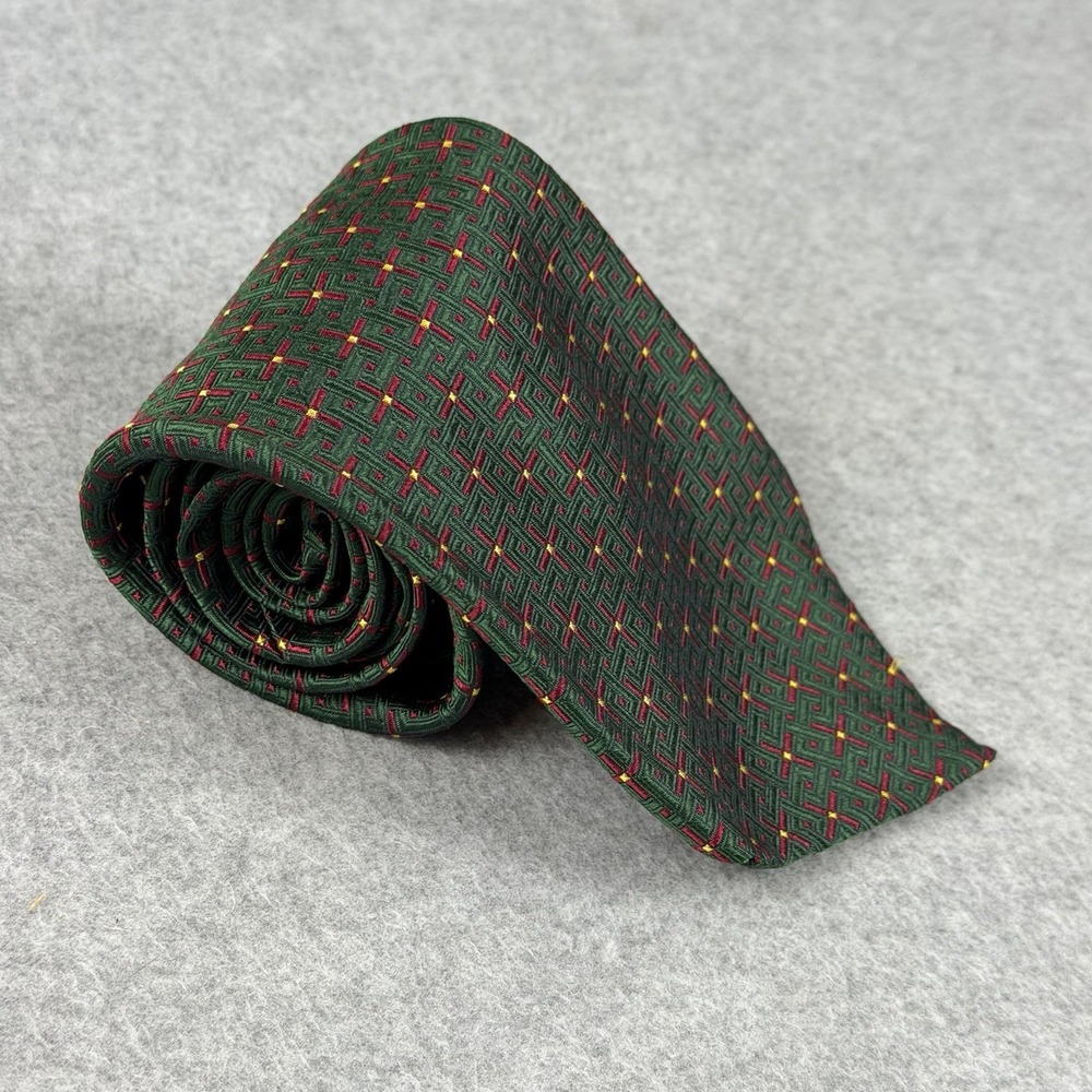Vintage Garrick Anderson Silk Tie Green Geometric Red Gold USA Necktie 58 X 4"